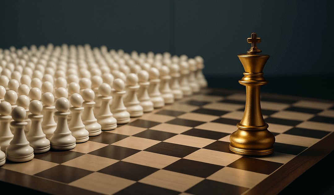 A single golden chess king stands out from a crowd of pawns, symbolizing how elite marketing expertise is more valuable in a world of AI-generated mediocrity.